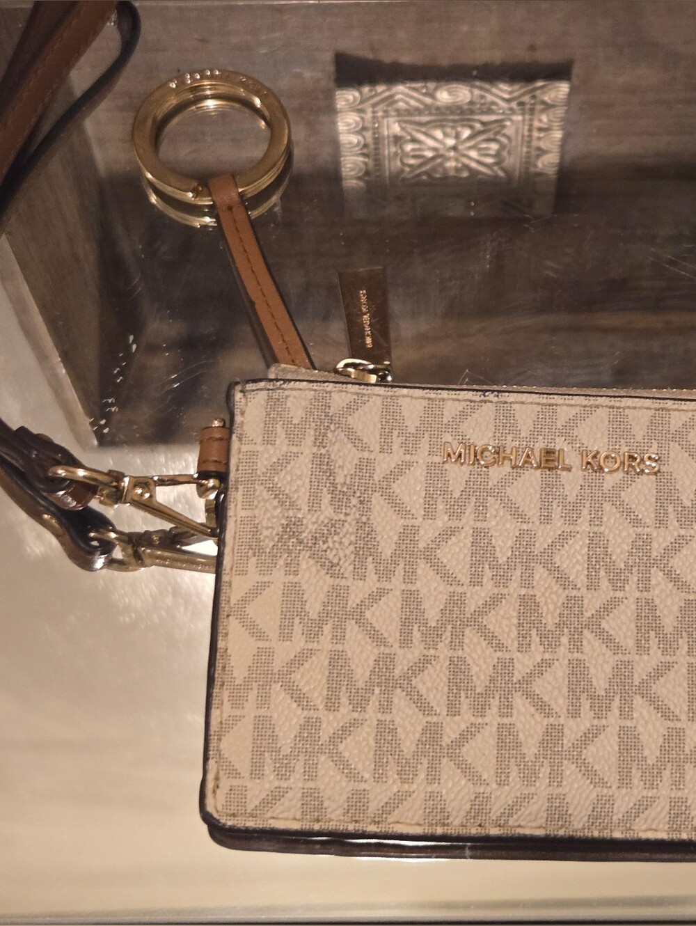 Michael Kors Jet Set Charm Vanilla MK Logo ID Card Case Lanyard Wristlet Pouch